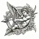 cupid shooting arrow with initials B and S tattoo design idea