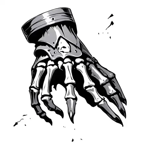 Armor gauntlet broken with skeleton hand under tattoo design idea