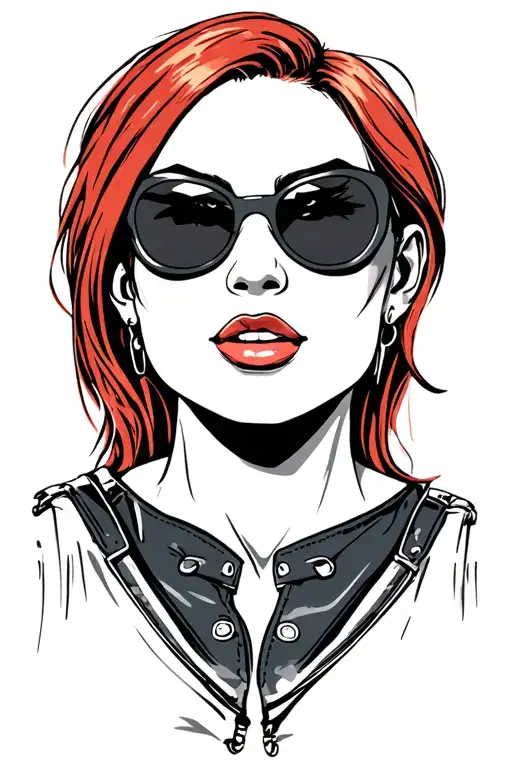 create a cartoon egg headed woman with red hair wearing biker leathers add sunglasses  tattoo design idea