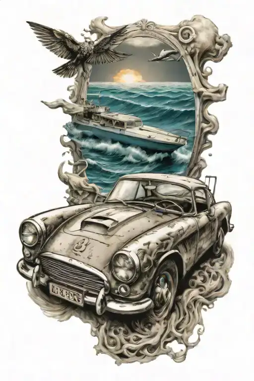 CANCER, SEA, RACING, CAR, SUN, 3D tattoo design idea