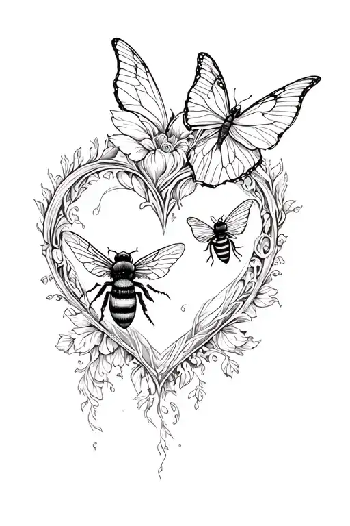 A heart shape, a bee and butterfly emerging tattoo design idea