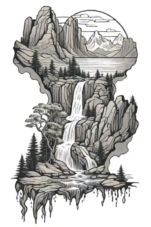 mountain wilderness, with waterfall flowing tattoo design idea