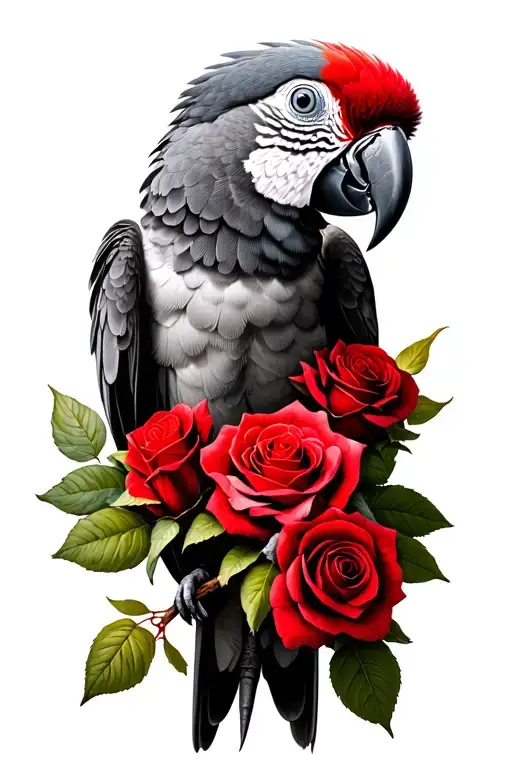 parrot holding red roses tattoo design idea