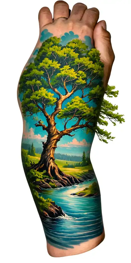 tree on shoulder river on wrist arm sleeve tattoo featuring a giving tree tattoo design idea