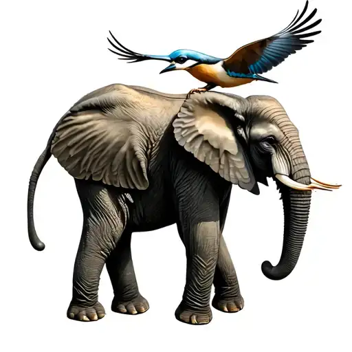 elephant with kookaburra flying next to it  tattoo design idea