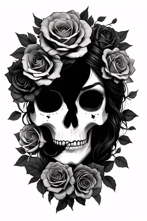 Feminine half skull half womans face surrounded by roses with negative space filler tattoo tattoo design idea