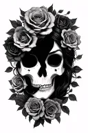 Feminine half skull half womans face surrounded by roses with negative space filler tattoo tattoo design idea