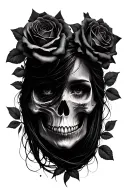 Feminine half skull half womans face surrounded by roses with negative space filler tattoo tattoo design idea