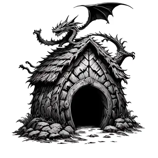 A hobbit hole vignette with Smaug flying above. tattoo design idea