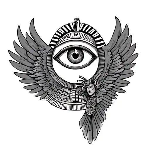 isis goddes with wings figure with egyptian eye above realistic fine line tattoo design idea