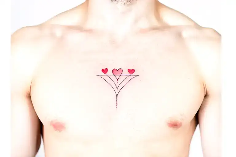 Minimalistic chest tattoo for a man, symbolizing family love and connection, honoring parents. Designed for the upper ch tattoo design idea