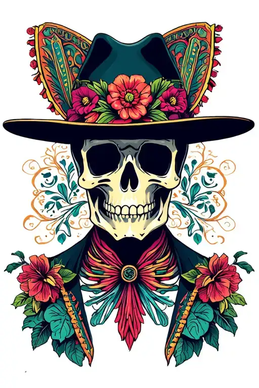 skeleton mariachi skull with hat tattoo design idea