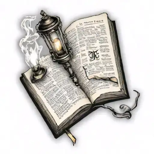 an open Bible with a torch above the Bible and the words post tenebras lux written on the pages of the Bible tattoo design idea