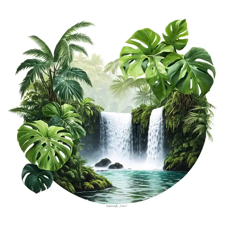 Jungle, waterfall, Monstera, Philodendron tattoo design idea