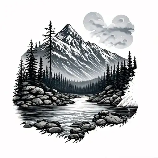 mountain river pnw tattoo design idea