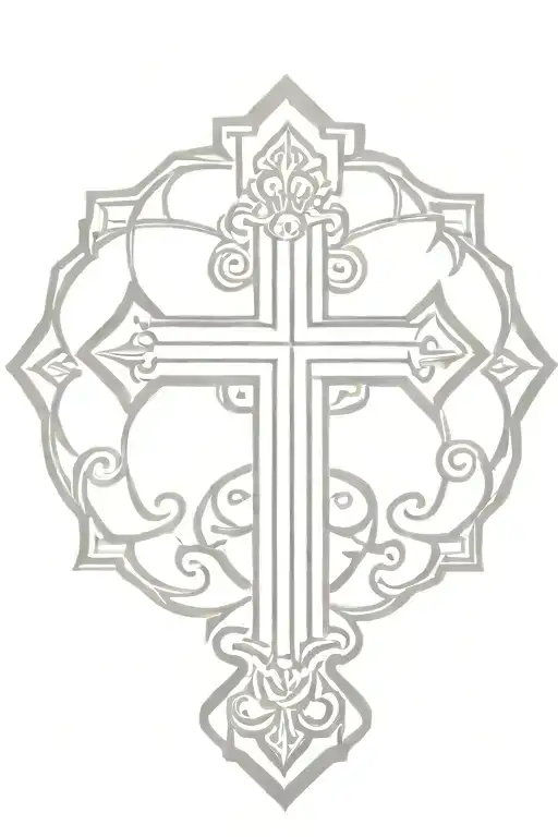 A detailed black and grey tattoo of a cross with intricate Russian Orthodox patterns tattoo design idea