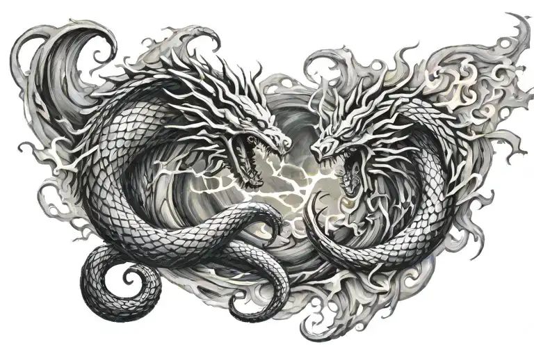 Jörmungandr vs Thor, sea storm, fire flames tattoo design idea