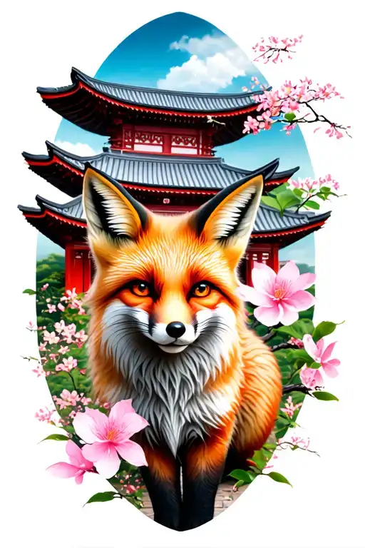 Fox and Sakura against the background of the temple tattoo design idea