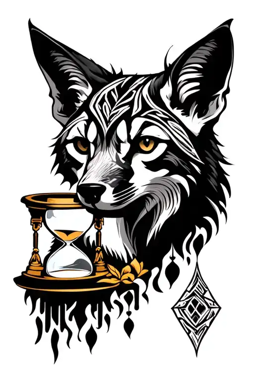 Jackal head as main piece incorporating a hourglass with tribal background tattoo design idea