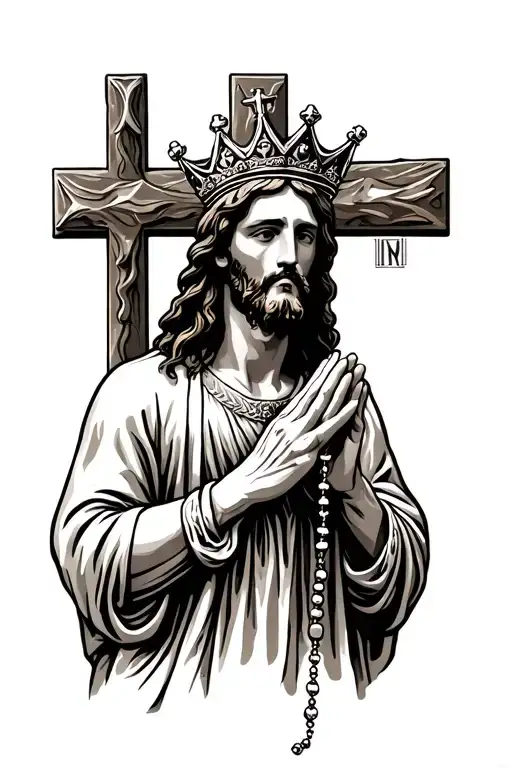 jesus praying holding catholic rosary wearing royal crown. cross in background with sign on top post of cross "INRI" tattoo design idea