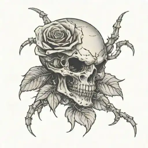 A spider crawling out of a skull's eye socket with a rose in its grasp tattoo design idea