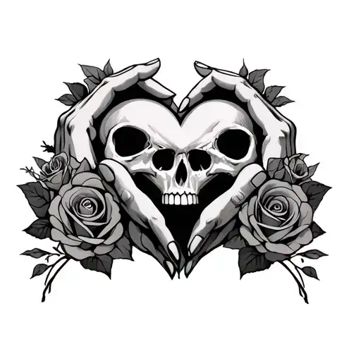 skull hands that make a love heart with roses intertwined and with the letters K & J tattoo design idea