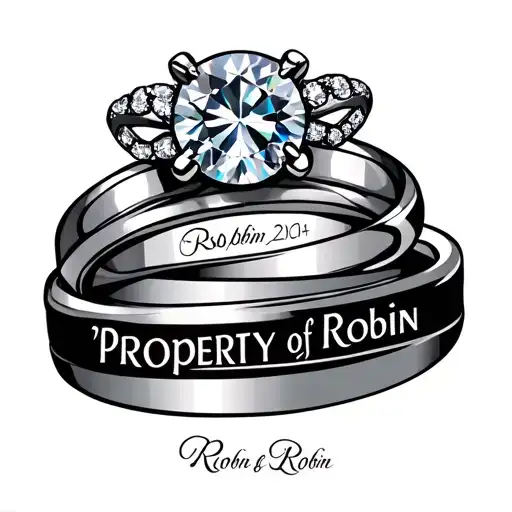 "Property of Robin" "Property of Robin" name with wedding rings and date tattoo design idea