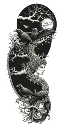 the morrigan Irish goddess with crows an old oak tree growing and bright moonlight tattoo design idea