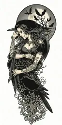 the morrigan Irish goddess with crows an old oak tree growing and bright moonlight tattoo design idea