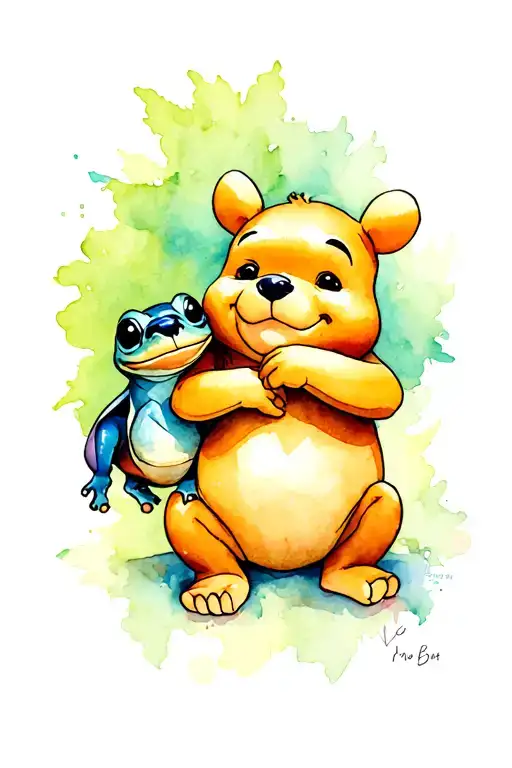 stitch holding pooh bear with a tree frog sitting tattoo design idea