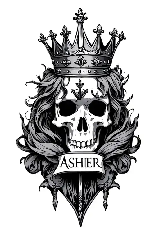 A hand piece with the name Asher and a prince crown and some sort of background no skulls tattoo design idea