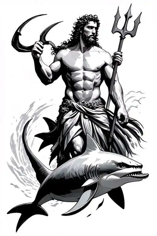 Poseidon holding a trident ve shark jumping dolphin geometric tattoo design idea