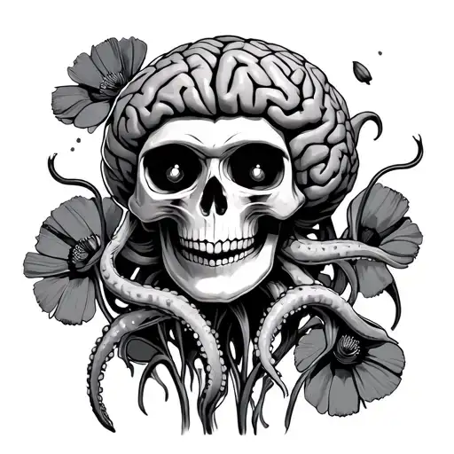 skull with a brain that has tentacles. skull is smiling with bloodshot eyes. surrounded by California poppies tattoo design idea