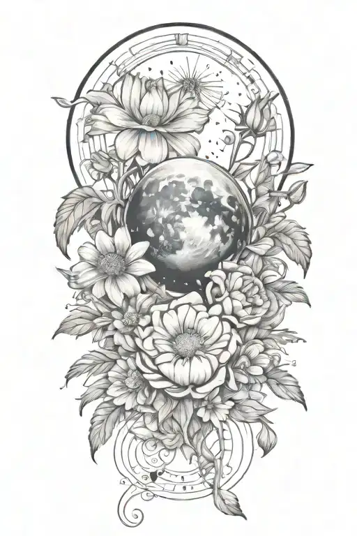 An intricate tattoo of a boquet of roses, daisys, and cosmos flowers intertwined with the three moon phases tattoo design idea