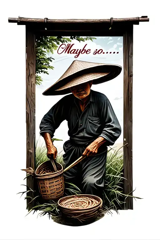 "Maybe so…" old Chinese farmer working in the field with his face hidden by his hat tattoo design idea