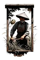 "Maybe so…" old Chinese farmer working in the field with his face hidden by his hat tattoo design idea