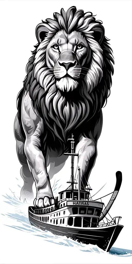 lion on ice hockey downtown city layout  caravel boat  tattoo design idea
