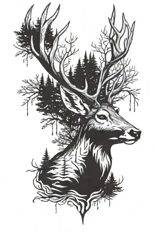 deer head with trees tattoo design idea