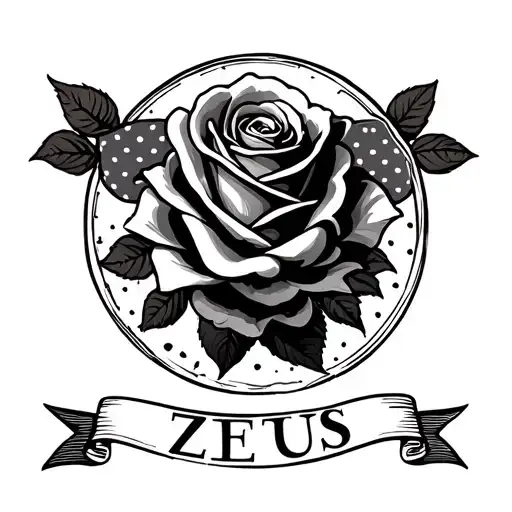 "ZEUS" add a polka dot bandana banner for name under a circle rose frame tattoo design idea