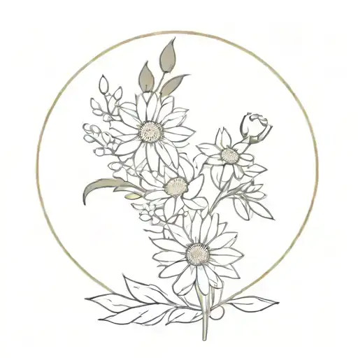 a dainty flower bouquet with 1 chrysanthemum, 1 rose, 1 daisy, and 1 larkspur with baby’s breath filler tattoo design idea