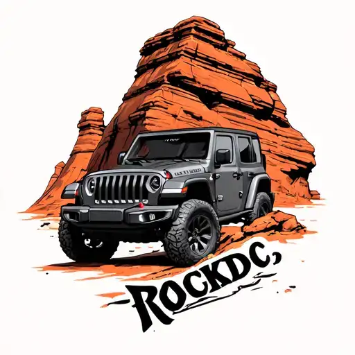 VERY small tattoo of Jeep wrangler on red rock slightly angled with the word "ROCKDOC" written directly underneath.  tattoo design idea