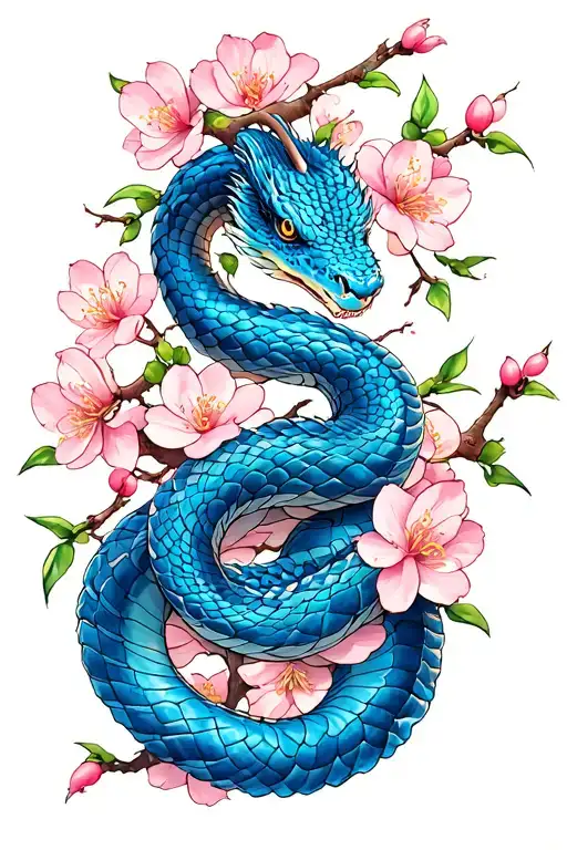 blue Chinese viper wrapping on a cherry blossom tree tattoo design idea