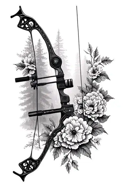 forest fading in the background a nocked compound bow in the center and carnations around the edges tattoo design idea