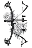 forest fading in the background a nocked compound bow in the center and carnations around the edges tattoo design idea