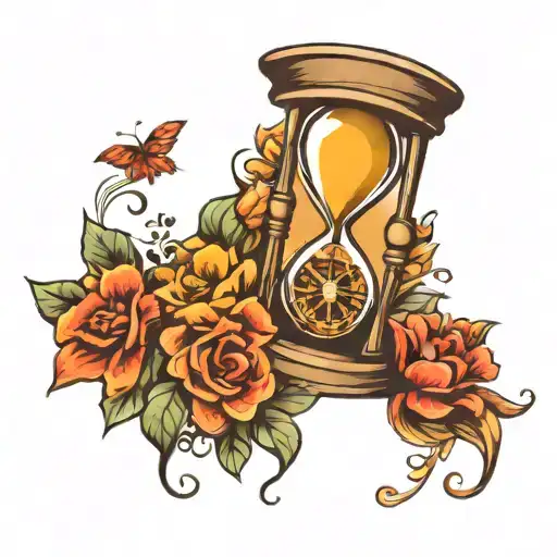 Hourglass with flowers, 2 stars and a compass surrounded tattoo design idea