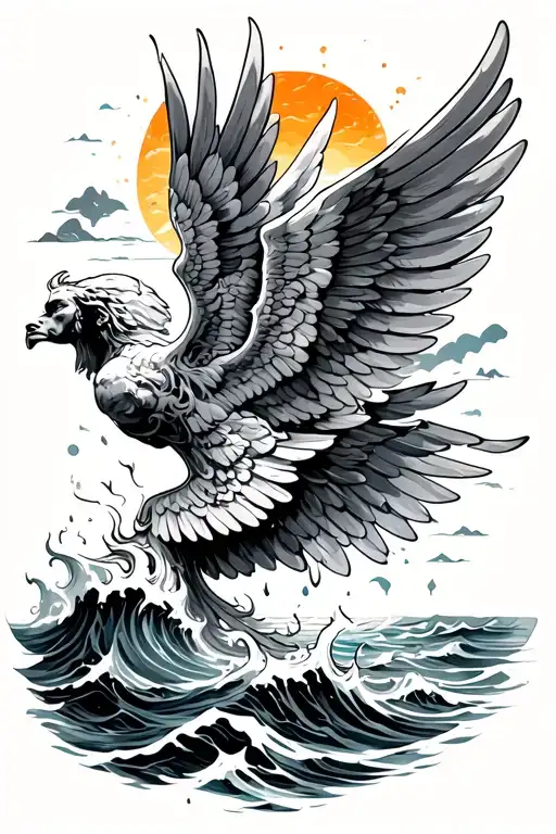 an icarus tattoo featuring one wing with the wax melting, the sun, and the ocean tattoo design idea