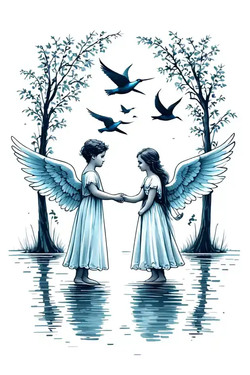 chikd boy girl angels holding hands towards lake with four birds flying above tattoo design idea