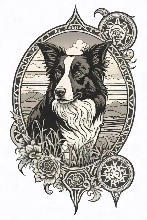 tribal farm with border collie tattoo design idea