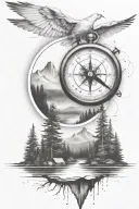 pine tree forest with stream and mountains with compass and dove tattoo design idea