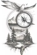 pine tree forest with stream and mountains with compass and dove tattoo design idea